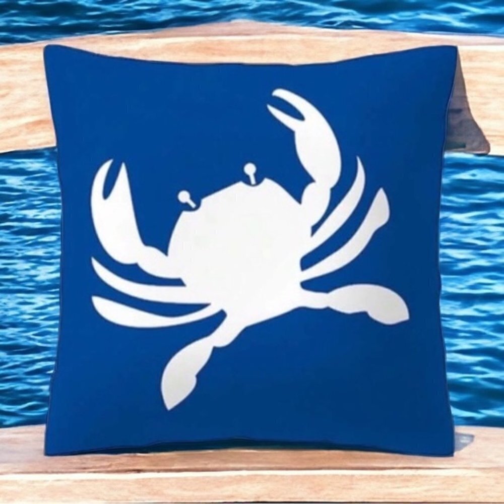 Coastal Nautical Crab Pillow Cover Graphic  17.7 in Square Classic Blue White
